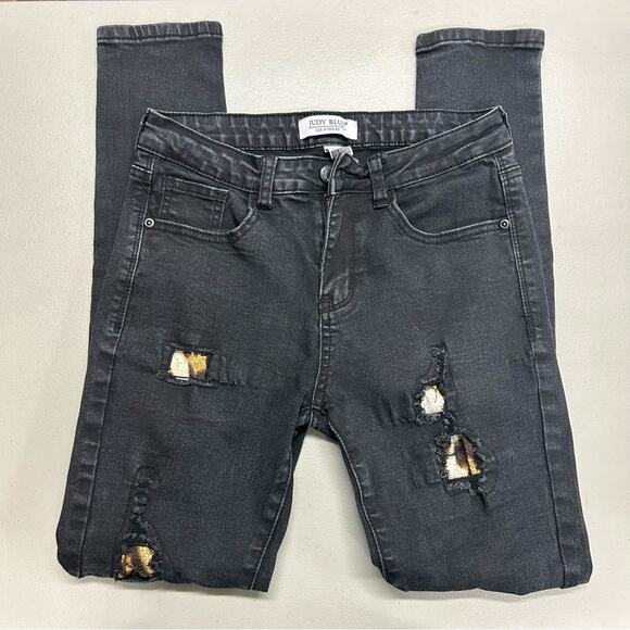 Judy Blue Black Denim Jeans Skinny Pant Distressed Cheetah Patch Size 7 / 28 - Picture 2 of 5
